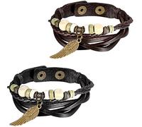JewelryWe 2pcs Mens Womens Bead Leather Bracelets, Angel Wing Braided Cuff Bangles, Black Brown Silver