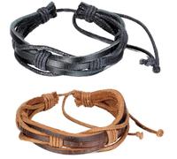 JewelryWe 2pcs Mens Womens Leather Wrap Wristband Rope Surf Bracelets Adjustable, Brown Black (with Gift Bag)