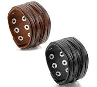 JewelryWe 2pcs Wide Leather Men's Bangles Cuff Bracelets, Punk Rock, Fits 7.5" to 8.7" Wrist