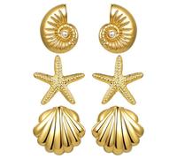 JewelryWe 3 Pairs Beach Earrings: Gold Summer Boho Shell Starfish Conch Earring Stainless Steel Ocean Jewelry for Women