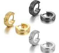 JewelryWe 3 Pairs of Unisex Men's Elegant Matte Stainless Steel Stud Hoop Huggie Earrings Set, Black Gold Silver, 6pcs
