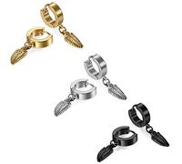 JewelryWe 3 Pairs Stainless Steel Plain Tribal Feather Claw Dangle Huggie Hinged Hoop Earrings for Men Women, Black Gold Silver