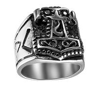 JewelryWe 316L Stainless Steel Rings for Men Silver Thor's Hammer Male Retro Punk Band Ring Men Jewelry