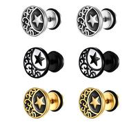 JewelryWe 3Pairs Moon and Star Carving Stud Earrings Set Stainless Steel Screw Back Fake Ear Plugs Barbell Earrings