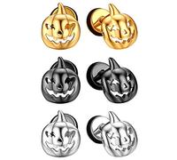 JewelryWe 3Pairs Skull Earrings,Punk Rock Gothic Skull Pumpkin Stud Earring Halloween Stainless Steel Screw Back Earrings for Men Women
