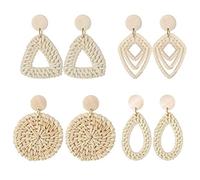 JewelryWe 4 Pairs Boho Rattan Drop Earrings,Lightweight Straw Wicker Braided Hand-Woven Geometric Statement Earring Set for Women Girls