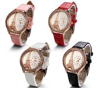JewelryWe 4PCS Bling Rhinestone Accented France Paris Eiffel Tower Leather Watches Ladies Women's Wrist Watches