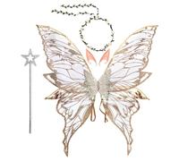JewelryWe 4PCS Fairy Wings Set - Shimmering Butterfly Costume Accessories with Flower Crown Elf Ears Magic Wand for Women Halloween Dress Up Festival Party