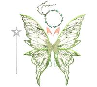 JewelryWe 4PCS Fairy Wings Set - Shimmering Butterfly Costume Accessories with Flower Crown Elf Ears Magic Wand for Women Halloween Dress Up Festival Party