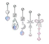 JewelryWe 5-Piece Belly Button Rings: Cute Stainless Steel Barbell Piercing Jewelry Set 14G Bow Moon Heart Teardrop Pearl Dangle Tassel Navel Ring for Women