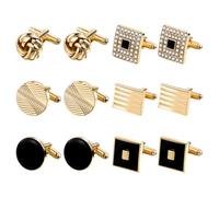 JewelryWe 6-Pair Cufflinks for Men: Gold Square Rope-Twist Round Gem Styles Zine Alloy Personalized Formal Accessories for Business Wedding Anniversary Party