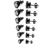 JewelryWe 6 Pairs Stainless Steel Women's Black Round Cubic Zirconia Stud Earrings Set for Women 3-8mm
