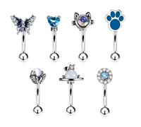 JewelryWe 7-Piece Piercing Jewelry Set - 16G Butterfly, Cat, Heart, Bee, Dragon Claw Planet Pattern Combination, Body Piercing Arc Barbell Vertical Eyebrow Ring Lip Ring