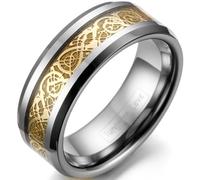 JewelryWe 8mm Comfort Fit Mens Ladies Tungsten Wedding Band Ring with Gold Celtic Dragon Inlay (6) : UK Size - L