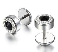 JewelryWe 8mm Mens Stud Earrings Silver Stainless Steel Rhinestone Cheater Fake Ear Plugs Gauges Screw Back, 2pcs (with Gift Bag)