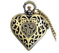 JewelryWe Antique Bronze Tone Leaf & Heart Pattern Cover Quartz Pocket Watch Pendant Necklace