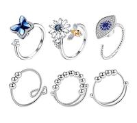 JewelryWe Anxiety Rings for Women,6 PCS Open Rings Adjustable Fidget Ring Stress Relief Rings with Evil Eye Sunflower Butterfly Bead Rings Set