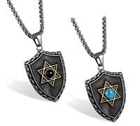 JewelryWe Big Shield Pendants Necklaces For Men Women Stainless Steel Punk Hexagram Blue/Black Crystal Pendant