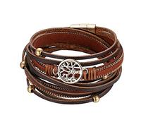JewelryWe Boho Bracelet,Multi-layer Leather Wide Cuff Wrap Bracelets with Tree of Life Charm for Men Women Girls