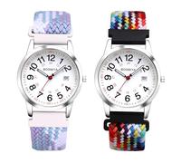JewelryWe Boho Watch with Braided Elastic Fabric Strap Women's Men's Calendar Analogue Quartz Wrist Watch Coloured Woven Stretch Bracelet Seniors Watch with 12/24 Hours Large Numbers Dial, Type 1 - 2