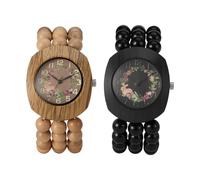 JewelryWe Boho Wood Bead Watch: Women's Tonneau Floral Wreath Dial Quartz - Handcrafted Natural Elastic Band Fits 6.3"-7.87" - Casual Bohemian Fashion Wristwatch for Daily Wear