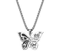 JewelryWe Butterfly Stainless Steel Necklace: Be Still Know That I am God Psalm Butterflies Pendant Necklaces Faith Christian Jewelry Religious Accessory for Women