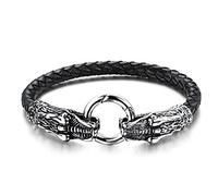 JewelryWe Christmas Gift for Him Mens Leather Bracelet with Locking Stainless Steel Dragon Head Clasp, Black Silver 21 cm (8.26")
