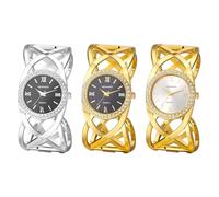 JewelryWe Chunky Cuff Watch for Women: Gold Tone Stainless Steel Open Bangle Watch - Analog Quartz Easy Read Roman Numeral Dial with Cubic Zirconia Accents for Daily Wear and Work
