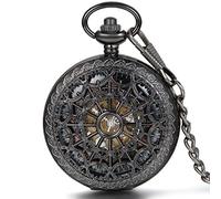 JewelryWe Classic Hand-Wind Mechanical Pocket Watch Skeleton Black Hollow Spider Web Case with Chain Belt