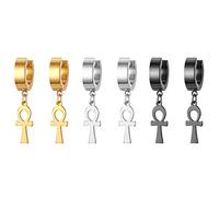 JewelryWe Classic Hinged Hoop Earring with Egyptian Ankh Cross Dangling Stainless Steel Ear Studs for Men Women