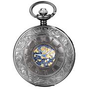 JewelryWe Classic Retro Mens Blue Roman Numbers Dial Hand Wind Mechanical Black Pocket Watch with 15" Chain