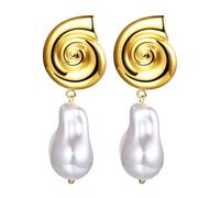 JewelryWe Conch Shell Gold Earrings: Women Imitation Baroque Pearl Stainless Steel Hawaiian Seashell Stud Earring Jewelry Gift