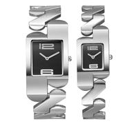 JewelryWe Couple Square Watch Set: Her and His Silver Silver Luxury Quartz Analog Geometric Strap Sunray Dial Casual Wrist Watch