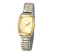 JewelryWe Couple Watches Elastic Analogue Quartz Partner Watches Friendship Wrist Watch with Stainless Steel Stretch Bracelet Valentine's Day Couple Gift for Men Women, Tonneau - Gold/Silver,