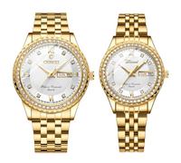 JewelryWe Couple Watches Gift Set : Business Analog Full Diamond Day Date 3ATM Waterproof Luminous Hands Stainless Steel Removable Strap Casual Wrist Watch Valentine's Day Gift