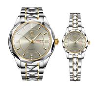 JewelryWe Couple Watches Gift Set: Romantic Pair His and Hers Wrist Watches Gray Analog Quartz Dress Waterproof Luminous Calendar Casual Men Women Lovers Wedding Wristwatch