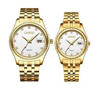 JewelryWe Couple Watches Gold Plated Stainless Steel Wristwatch Calendar Quartz Watch Men Women His and Her Matching Watch Set