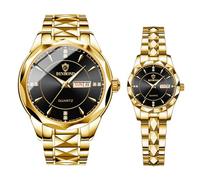 JewelryWe Couple Watches Quartz Analogue Partner Friendship Wrist Watch Date Calendar Stainless Steel Bracelet Watch with Illuminating Hands and Rhinestone Round Dial, Gift for Men Women, Gold, Gold -