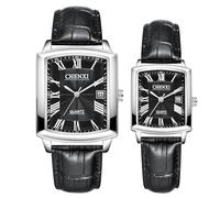 JewelryWe Couple Watches Vintage Partner Friendship Leather Bracelet Watch Analogue Quartz Wrist Watch Classic Rectangular Casual Watch with Roman Numerals Dial Gift for Men Women,