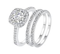 JewelryWe Couples Promise Stacking Rings: Women Commitment Copper CZ Wedding Sparkling Classic Square Cubic Zirconia Charm Rings Ladies Set of 3 Stackable Bands