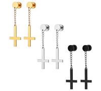 Jewelrywe Cross Dangle Stud Earrings: Men Women 3 Pack Gold Silver Black Inverted Cross Petrine Crucifix Fake Gauges Stainless Steel Drop Earring Religious Jewellery