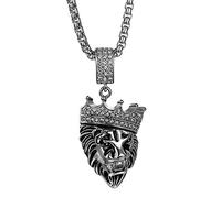 JewelryWe Crown Lion Head Pendant Stainless Steel Men's Necklaces Punk Rock Style(Silver Color)