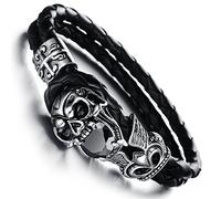 JewelryWe Double Layers Black Leather Warp Bracelet Mens Vintage Skull Braided Wristband 7.09 Inch (with Gift Bag)