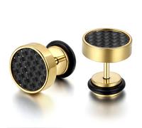 JewelryWe Earrings for Men Women, Round Stud Earrings Carbon Fibre Ear Studs 8 mm Stainless Steel, Gold Black Silver Unisex 1 Pair gold