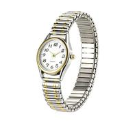 JewelryWe Easy Read Elastic Watch Womens Slip-On Stretch Band Fits 6.5-7.9”, gold-silver strap white dial, (6.3in - 7.87in), dress