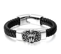 JewelryWe Father's Day Gift Mens Stainless Steel Lion Head and Black Genuine Leather Straps Bracelet 8.7Inches