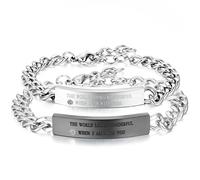 JewelryWe Free Engraving 2pcs Couples Stainless Steel Bracelets Link Curb Chain Wristbands Silver Black