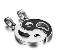 JewelryWe Free Engraving 2pcs Matching Friendship Best Friends Ying Yang Pendant Necklaces Set, 18 and 22 inch Chain, Black Silver