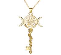 JewelryWe Gold Key Hekate Necklace - Triple Moon Goddess Pendant Greek Mythology 18K Gold Plated Brass Pagan Jewelry