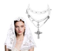JewelryWe Gothic Baroque jewelry Set: Women 2-Piece Lace Veil Mass-Inspired Cross Bone-Chain Layered Necklace for Halloween Funeral Wedding